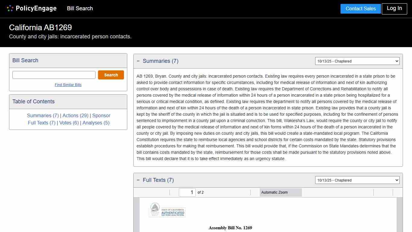 AB1269 California 2025-2026 County and city jails: incarcerated person contacts. - Legislative Tracking PolicyEngage